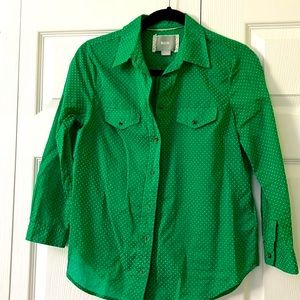 Anthropology- Mauve Green Polka Dot 3/4 button down womens shirt